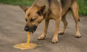 Pies wymiotuje po jedzeniu. Brązowy piesek na drodze zwraca żółtą substancję.