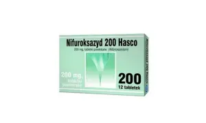 Opakowanie Nifuroksazyd 200 Hasco, 12 tabletek powlekanych. Lek pomocny w problemach żołądkowych u psa.