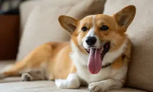 Uroczy corgi leży na kanapie, jego język zwisa, a pies szybko oddycha po zabawie.