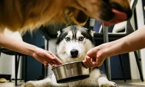 Siberian husky z niebieskimi oczami czeka na jedzenie. Dwie ręce trzymają miskę, a nad nią widać pysk innego psa. Idealny moment na **digestexan** dla lepszego trawienia.