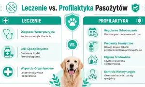 Grafika porównuje leczenie i profilaktykę przeciwko pasożytom u psa. Pokazuje, że robaki u psa wymagają diagnozy, leków i wsparcia, podczas gdy profilaktyka to regularne odrobaczanie, preparaty zewnętrzne i higiena.