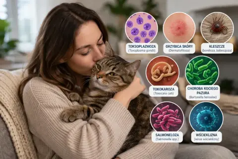 Kobieta tuli kota, a obok grafiki przedstawiające choroby od kota: toksoplazmozę, grzybicę, kleszcze, tokokaroza, choroba kociego pazura, salmonelloza, wścieklizna.