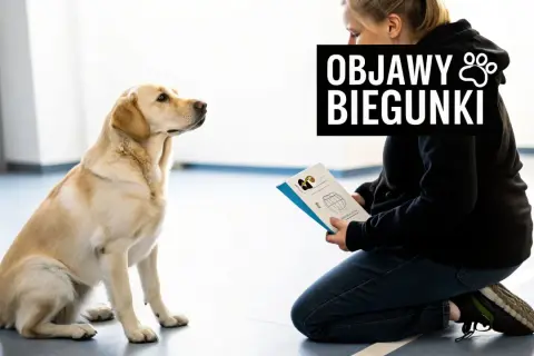 Labrador słucha o objawach biegunki u psów, podczas gdy właściciel czyta ulotkę. Nie podawaj ludzkich leków na biegunkę dla psa bez konsultacji z weterynarzem.