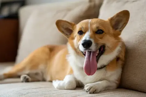 Uroczy corgi leży na kanapie, jego język zwisa, a pies szybko oddycha po zabawie.