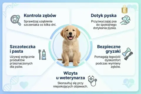 Uroczy szczeniak golden retrievera z szerokim uśmiechem, prezentujący swoje zdrowe siekacze u psa. Obok wskazówki dotyczące pielęgnacji zębów.