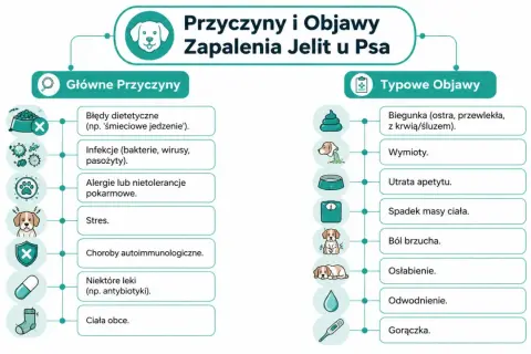 Schemat przedstawia przyczyny zapalenia jelit u psa: błędy dietetyczne, infekcje, alergie, stres, choroby autoimmunologiczne, leki, ciała obce. Objawy to biegunka, wymioty, utrata apetytu, spadek masy ciała, ból brzucha, osłabienie, odwodnienie, gorączka.