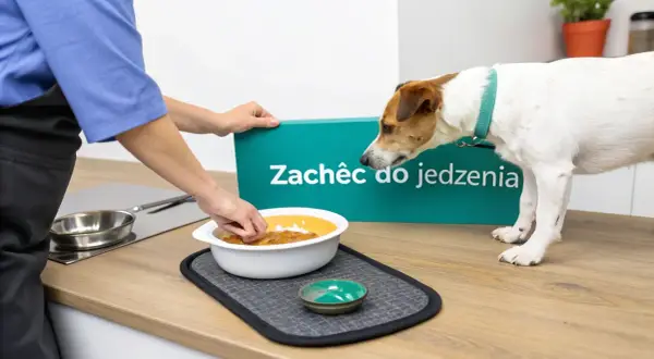 Pies nie chce jeść. Człowiek zachęca go do jedzenia, podając miskę z karmą.