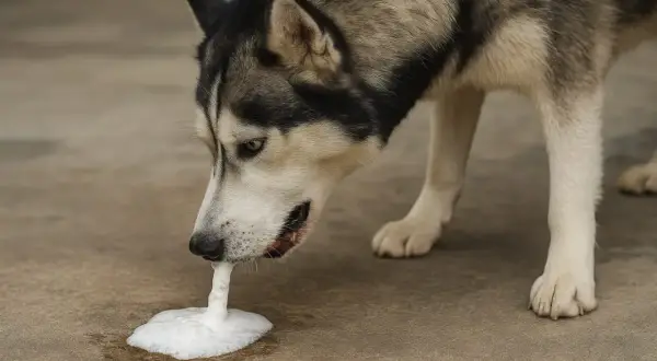 Siberian Husky wymiotuje pianę na ziemi.