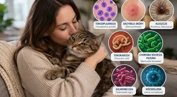 Kobieta tuli kota, a obok grafiki przedstawiające choroby od kota: toksoplazmozę, grzybicę, kleszcze, tokokaroza, choroba kociego pazura, salmonelloza, wścieklizna.