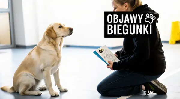 Labrador słucha o objawach biegunki u psów, podczas gdy właściciel czyta ulotkę. Nie podawaj ludzkich leków na biegunkę dla psa bez konsultacji z weterynarzem.