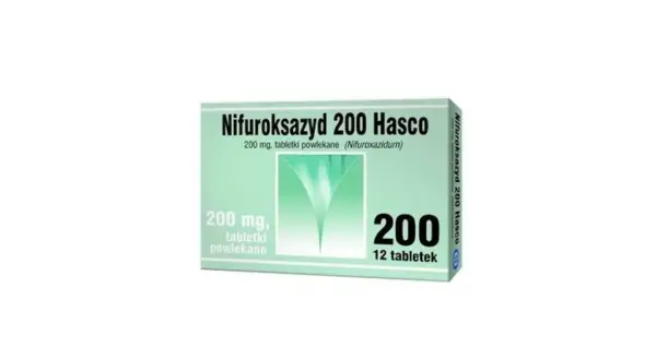 Opakowanie Nifuroksazyd 200 Hasco, 12 tabletek powlekanych. Lek pomocny w problemach żołądkowych u psa.