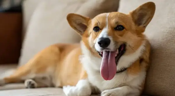 Uroczy corgi leży na kanapie, jego język zwisa, a pies szybko oddycha po zabawie.