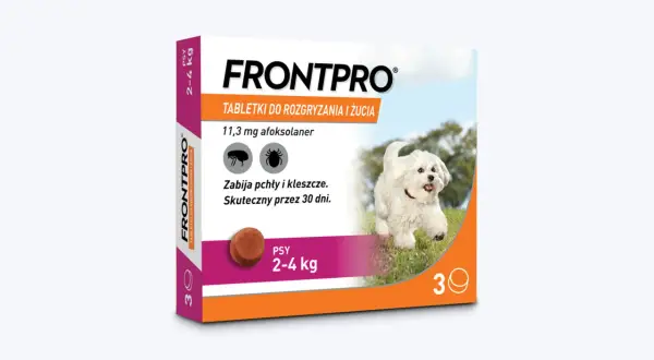 Co najlepsze na kleszcze dla psa? Tabletki Frontpro dla psów 2-4 kg, skuteczne przez 30 dni.