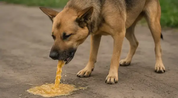 Pies z brązową sierścią ma wymioty na ziemi.