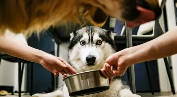 Siberian husky z niebieskimi oczami czeka na jedzenie. Dwie ręce trzymają miskę, a nad nią widać pysk innego psa. Idealny moment na **digestexan** dla lepszego trawienia.