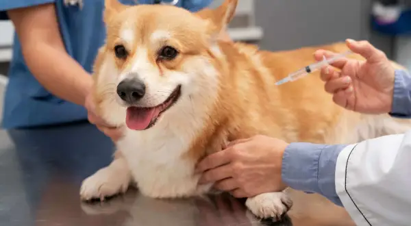 Weterynarz podaje zastrzyk corgi. Nawet jeśli szczepienie psa po terminie, lepiej to zrobić niż ryzykować.