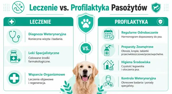 Grafika porównuje leczenie i profilaktykę przeciwko pasożytom u psa. Pokazuje, że robaki u psa wymagają diagnozy, leków i wsparcia, podczas gdy profilaktyka to regularne odrobaczanie, preparaty zewnętrzne i higiena.