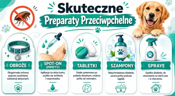Skuteczne preparaty przeciw pchłom dla psa: obroże, spot-on, tabletki, szampony i spraye. Domowe sposoby na pchły u psa to między innymi te metody.