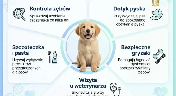 Uroczy szczeniak golden retrievera z szerokim uśmiechem, prezentujący swoje zdrowe siekacze u psa. Obok wskazówki dotyczące pielęgnacji zębów.