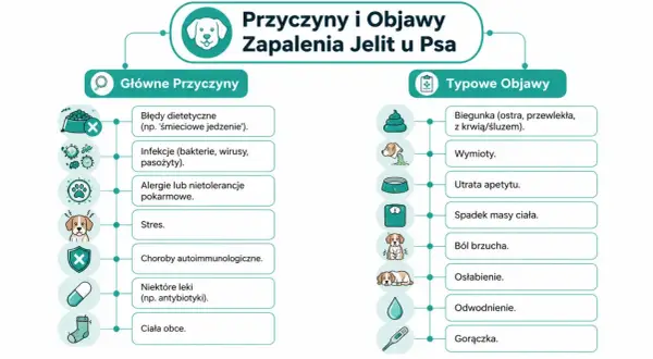 Schemat przedstawia przyczyny zapalenia jelit u psa: błędy dietetyczne, infekcje, alergie, stres, choroby autoimmunologiczne, leki, ciała obce. Objawy to biegunka, wymioty, utrata apetytu, spadek masy ciała, ból brzucha, osłabienie, odwodnienie, gorączka.