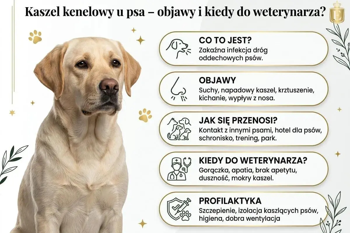 Labrador z objawami kaszlu kenelowego: suchy kaszel, kichanie, gorączka. Informacje o chorobie i profilaktyce.