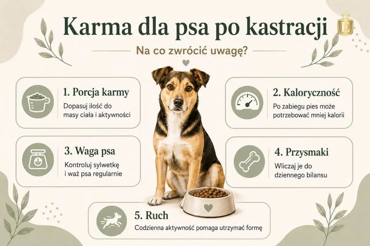 Uroczy piesek przy misce karmy. Poradnik o diecie dla psa po kastracji: porcja, kaloryczność, waga, przysmaki i ruch.