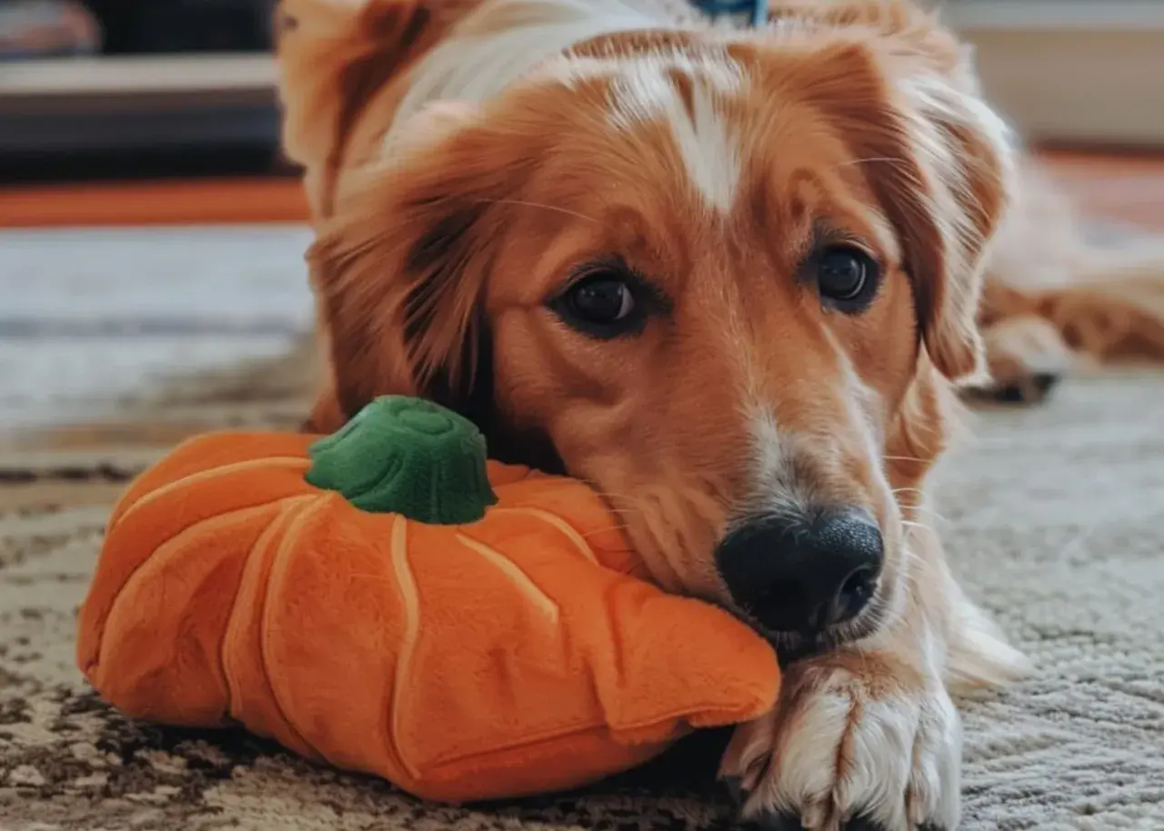 Złoty retriever leży obok pluszowej dyni, zastanawiając się, czy pies może jeść pestki dyni.