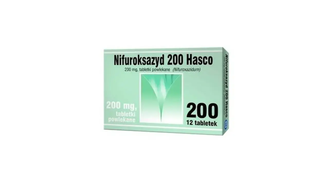 Opakowanie Nifuroksazyd 200 Hasco, 12 tabletek powlekanych. Lek pomocny w problemach żołądkowych u psa.
