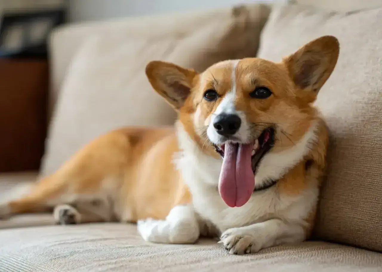 Uroczy corgi leży na kanapie, jego język zwisa, a pies szybko oddycha po zabawie.