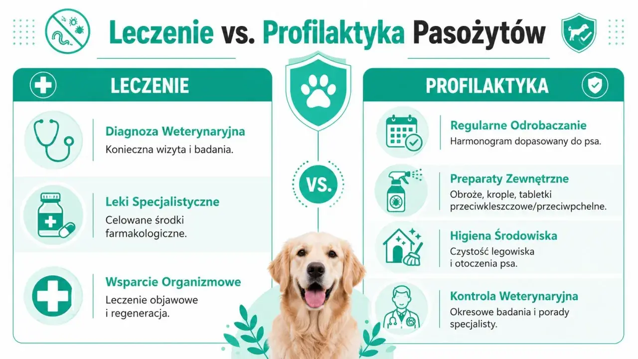 Grafika porównuje leczenie i profilaktykę przeciwko pasożytom u psa. Pokazuje, że robaki u psa wymagają diagnozy, leków i wsparcia, podczas gdy profilaktyka to regularne odrobaczanie, preparaty zewnętrzne i higiena.