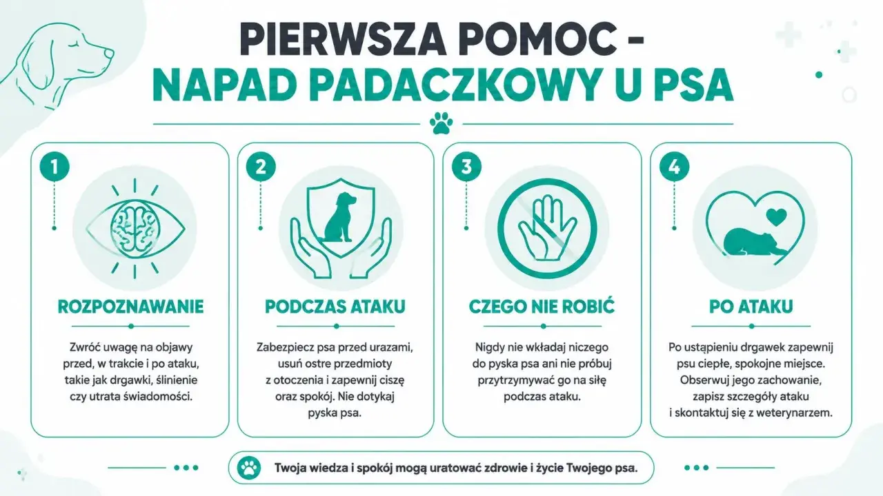 Pierwsza pomoc w przypadku padaczki u psa: rozpoznawanie, postępowanie podczas i po ataku, czego nie robić. Twoja wiedza ratuje życie.