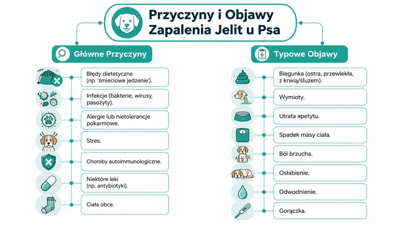 Schemat przedstawia przyczyny zapalenia jelit u psa: błędy dietetyczne, infekcje, alergie, stres, choroby autoimmunologiczne, leki, ciała obce. Objawy to biegunka, wymioty, utrata apetytu, spadek masy ciała, ból brzucha, osłabienie, odwodnienie, gorączka.