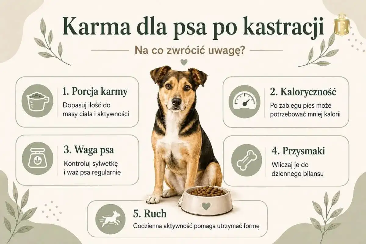 Uroczy piesek przy misce karmy. Poradnik o diecie dla psa po kastracji: porcja, kaloryczność, waga, przysmaki i ruch.