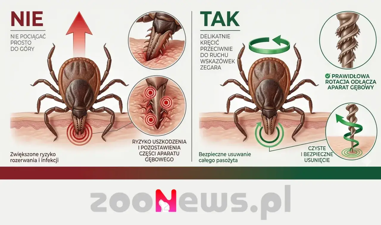 Nie ciągnij kleszcza prosto do góry! Delikatnie kręć nim przeciwnie do ruchu wskazówek zegara, by bezpiecznie usunąć całego pasożyta, jak nimfa kleszcza.
