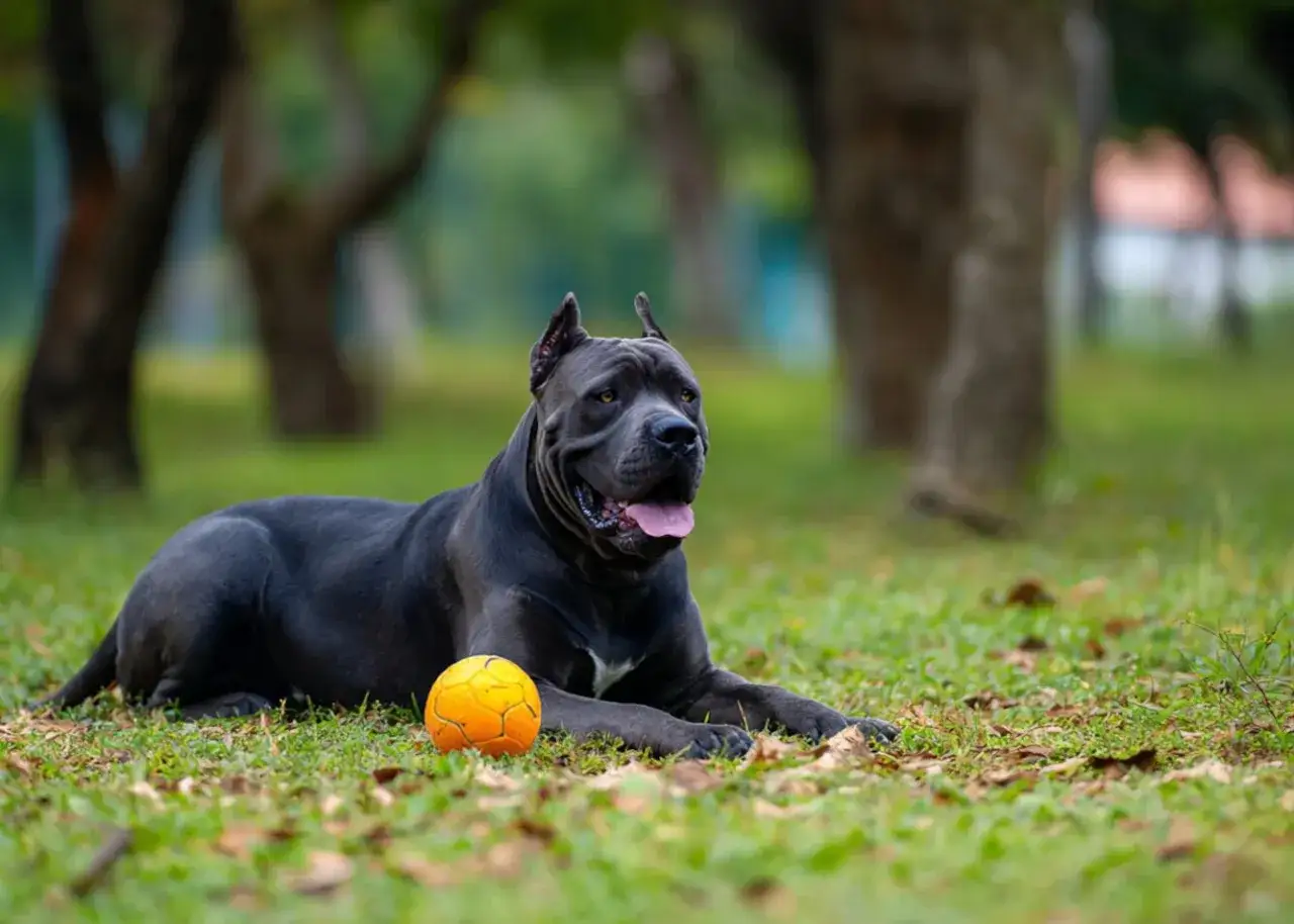 Potężny pies rasy cane corso, o łagodnym usposobieniu, leży na trawie obok pomarańczowej piłki.
