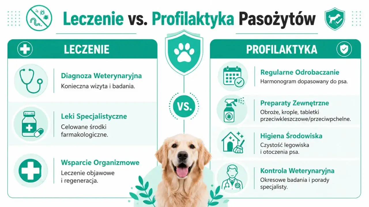 Grafika porównuje leczenie i profilaktykę przeciwko pasożytom u psa. Pokazuje, że robaki u psa wymagają diagnozy, leków i wsparcia, podczas gdy profilaktyka to regularne odrobaczanie, preparaty zewnętrzne, higiena i kontrola weterynaryjna.