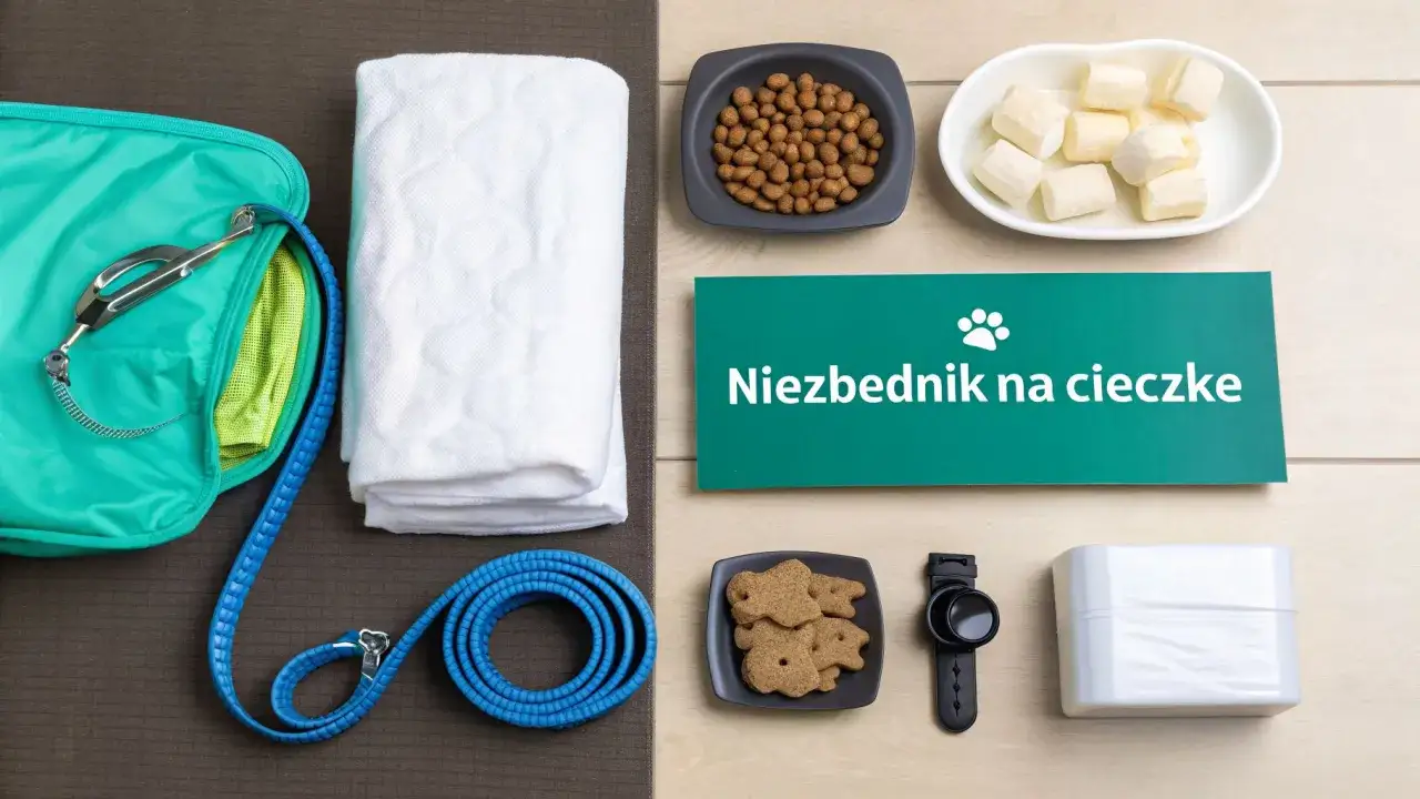 Zestaw do radzenia sobie z cieczką u psa: smycz, kocyk, karma, przysmaki i pojemnik.