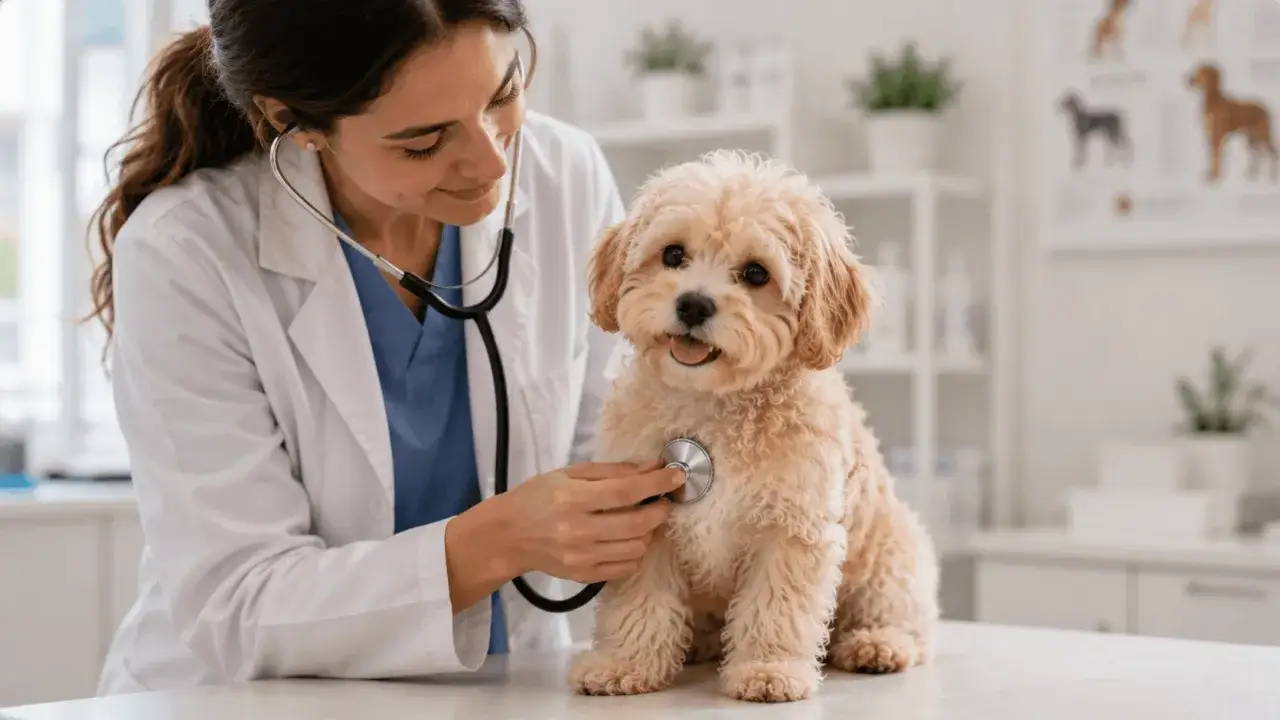 Weterynarz bada maltipoo, sprawdzając, czy nie ma chorób.