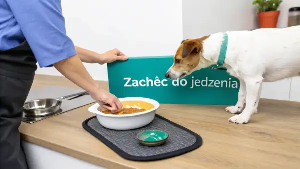 Pies nie chce jeść. Człowiek zachęca go do jedzenia, podając miskę z karmą.