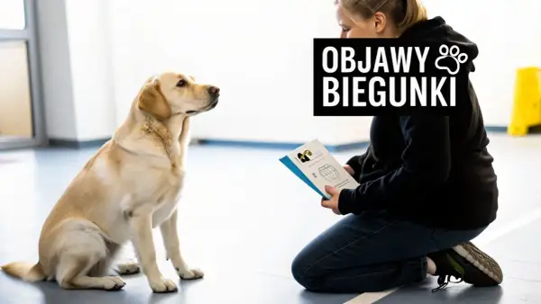 Labrador słucha o objawach biegunki u psów, podczas gdy właściciel czyta ulotkę. Nie podawaj ludzkich leków na biegunkę dla psa bez konsultacji z weterynarzem.