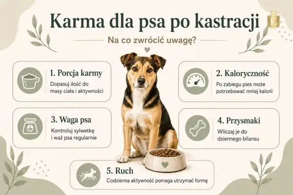Uroczy piesek przy misce karmy. Poradnik o diecie dla psa po kastracji: porcja, kaloryczność, waga, przysmaki i ruch.