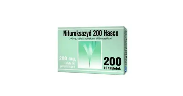 Opakowanie Nifuroksazyd 200 Hasco, 12 tabletek powlekanych. Lek pomocny w problemach żołądkowych u psa.