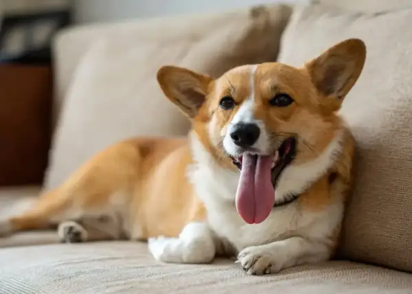Uroczy corgi leży na kanapie, jego język zwisa, a pies szybko oddycha po zabawie.