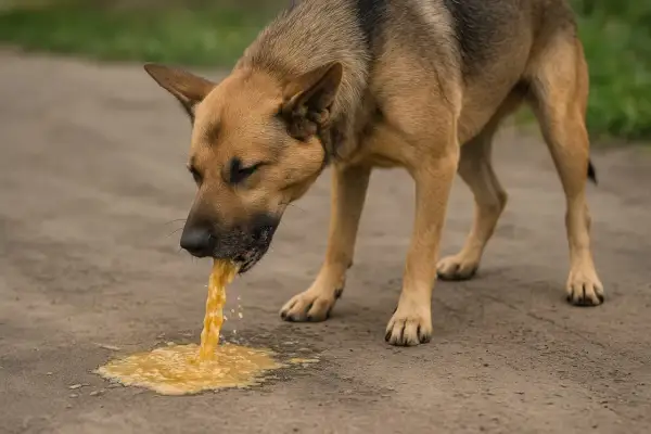 Pies z brązową sierścią ma wymioty na ziemi.