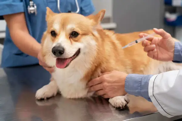 Weterynarz podaje zastrzyk corgi. Nawet jeśli szczepienie psa po terminie, lepiej to zrobić niż ryzykować.