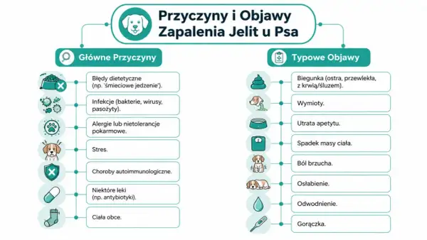 Schemat przedstawia przyczyny zapalenia jelit u psa: błędy dietetyczne, infekcje, alergie, stres, choroby autoimmunologiczne, leki, ciała obce. Objawy to biegunka, wymioty, utrata apetytu, spadek masy ciała, ból brzucha, osłabienie, odwodnienie, gorączka.
